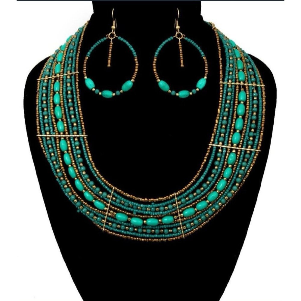 Teal Green Blue Beaded BOHO Egyptian Native Gold Tribal Necklace Earring Set